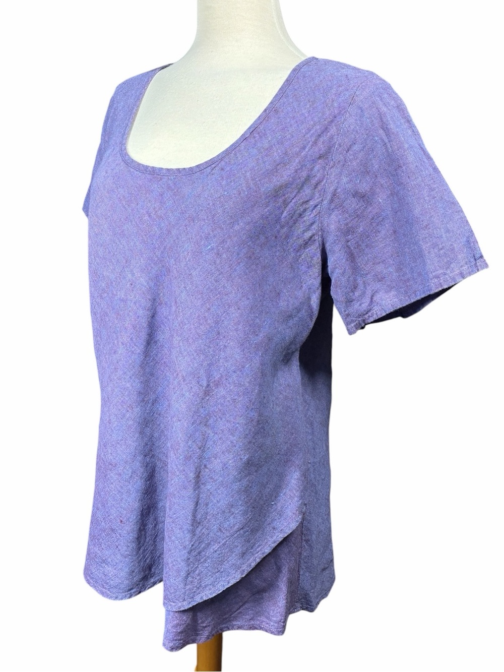 Flax 100% Linen Purple Lilac Short Sleeve Top Asymmetric Overlap Hemline Size XL